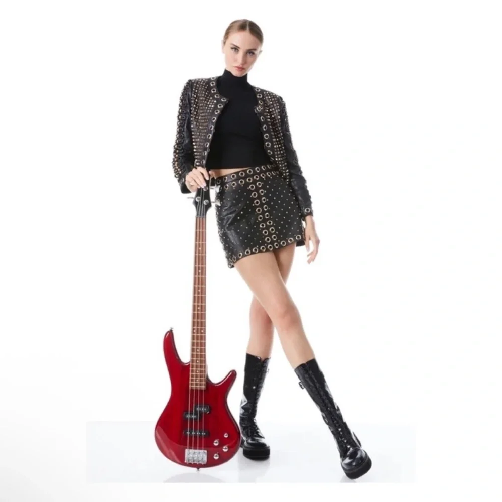 New! ALICE + OLIVIA Embellished Studded Leather Mini Skirt in Black - Picture 6 of 10